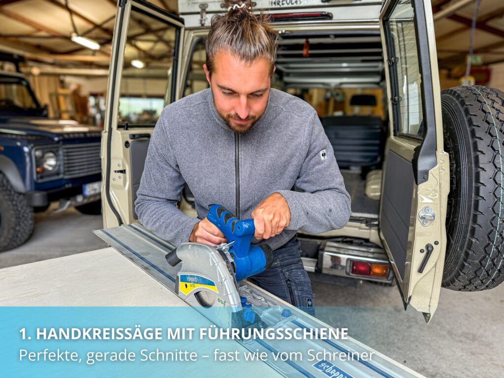 camperausbau werkzeug handkreissaege mit fuehrungsschiene